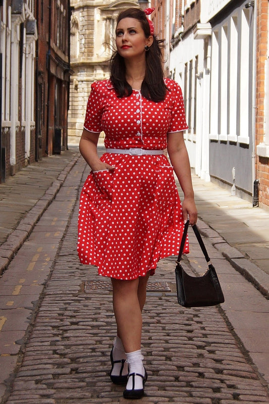 Penelope Pin Up Style Shirt Dress In Classic Red & White Polka Dots
