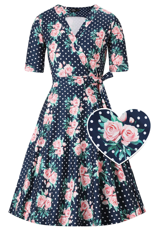 Matilda Rose & Dot Wrap Dress in Navy Blue