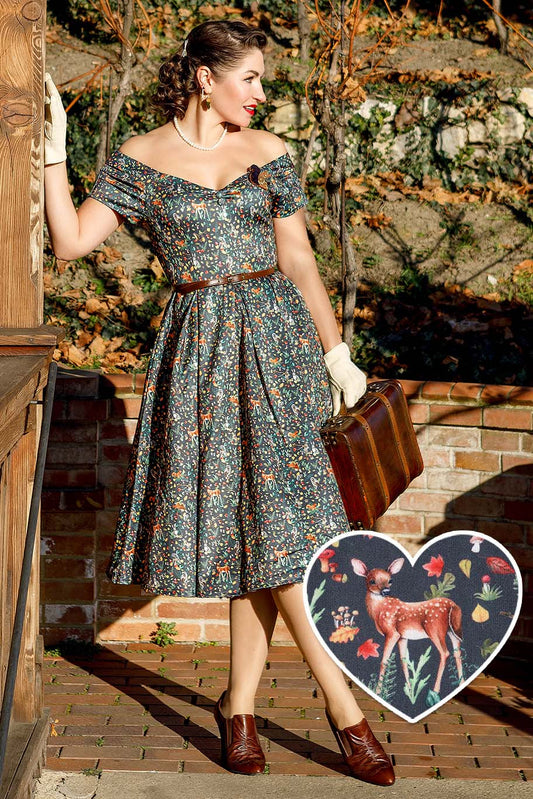 Lily Owl & Deer Off Shoulder Dress In Dark Green