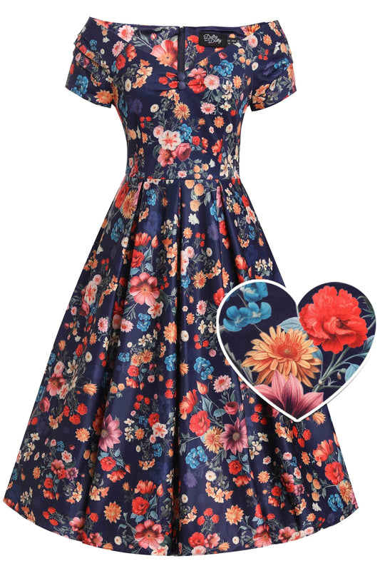 Lily Blue Botanical Floral Off Shoulder Dress