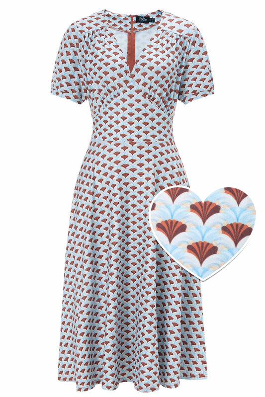 Julia 40s Light Blue Midi Dress In Seashell Print