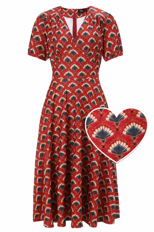 Julia 40s Feather Fan Midi Dress In Brick Red
