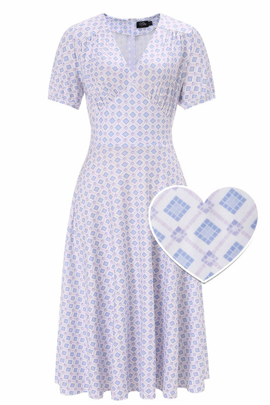 Julia 40s Blue Midi Dress In Geometric Diamond Print