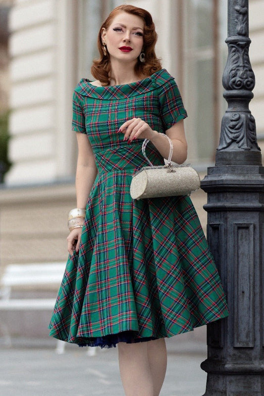 Darlene Vintage Swing Dress in Dark Green Plaid Print