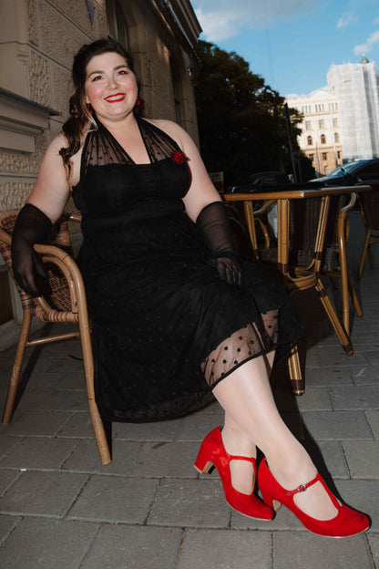Dorothea Black Polka Dot Mesh Halter Dress