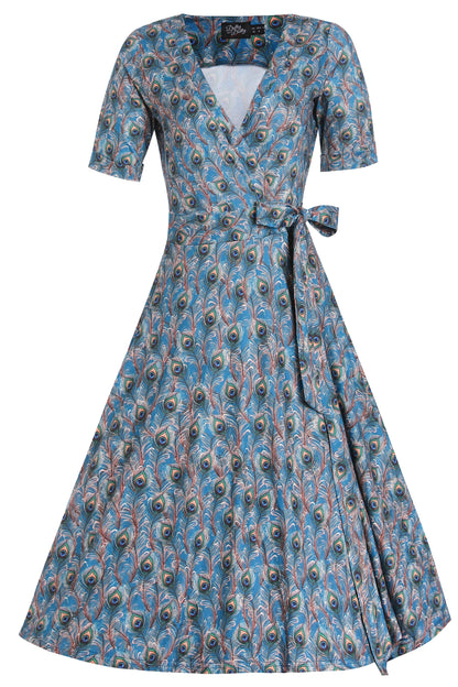 Matilda Blue Peacock Feather Wrap Dress