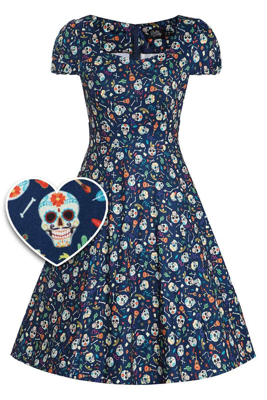 Claudia Navy Blue Dress with Day of the Dead Sugar Skulls