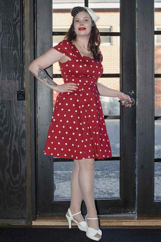 Claudia Fifties Style Polka Dot Dress In Burgundy-White