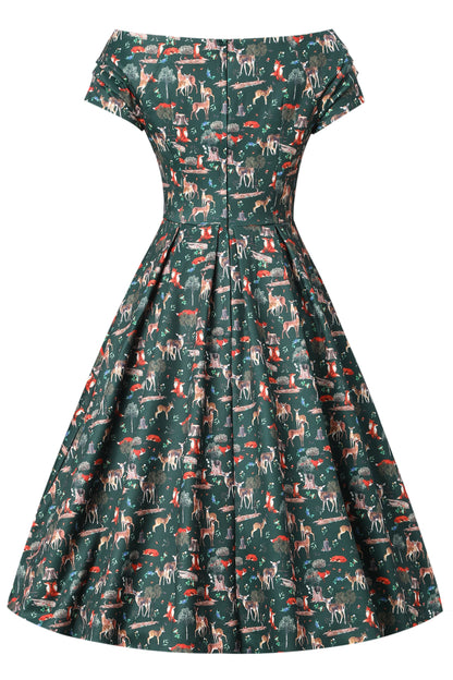 Lily Green Fox & Deer Print Off Shoulder Dress