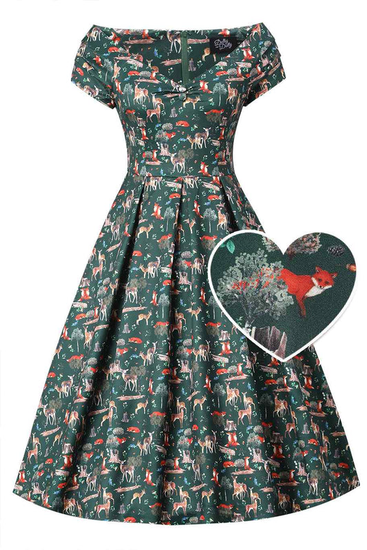 Lily Green Fox & Deer Print Off Shoulder Dress
