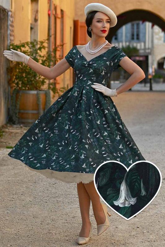 Lily Dark Green Off Shoulder Dress In Magpie Print