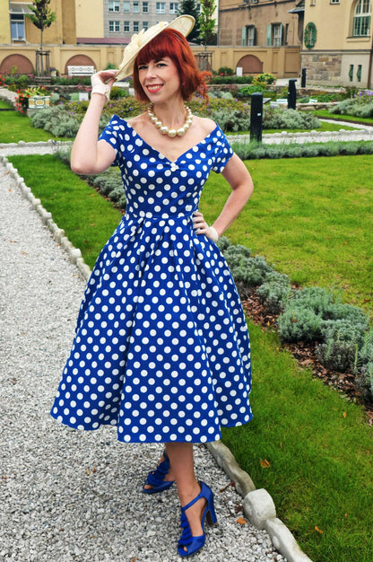 Lily Navy Blue Polka Dot Off Shoulder Dress