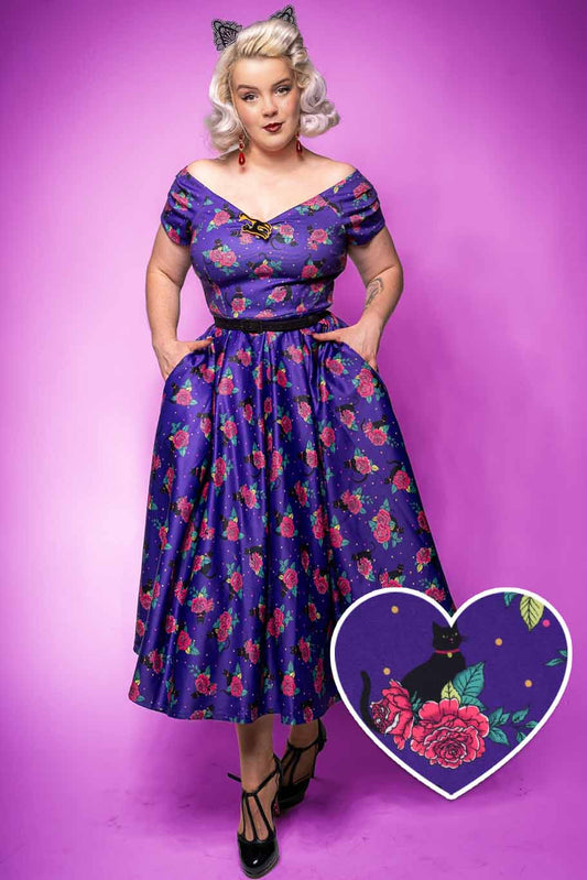 Lily Vintage Cat & Rose Off Shoulder Dress In Purple