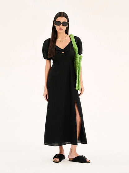London Linen Bow Detail Midi Dress in Black