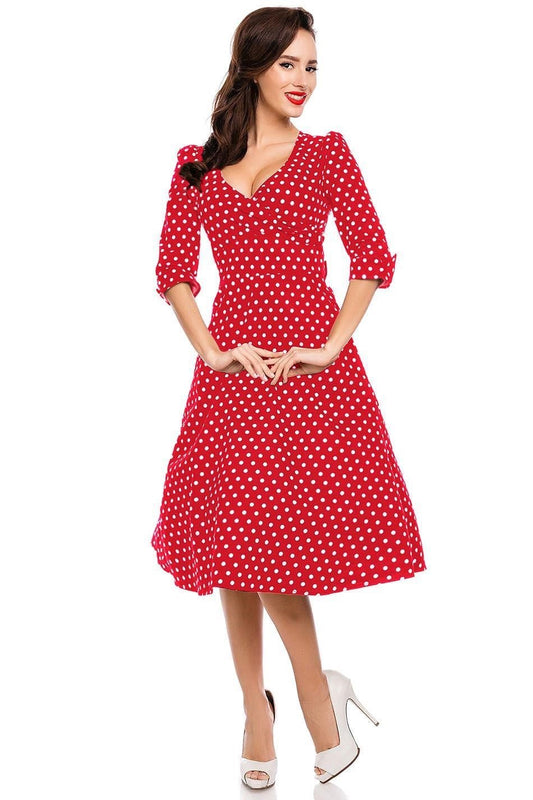 Katherine Long Sleeve 50s Style Swing Dress in Red Polka