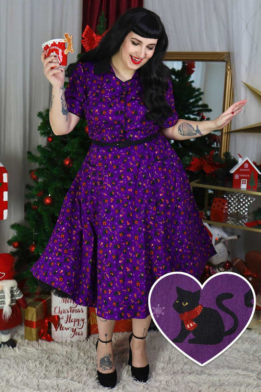 Mabel Festive Cat Shirt Dress In Purple