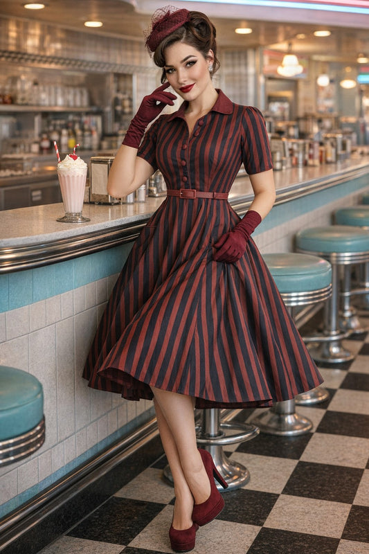 Mabel Rockabilly Striped Shirt Dress In Burgundy