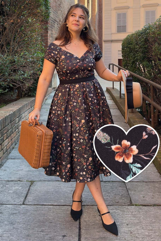 Lily Meadow Floral Black Off Shoulder Dress