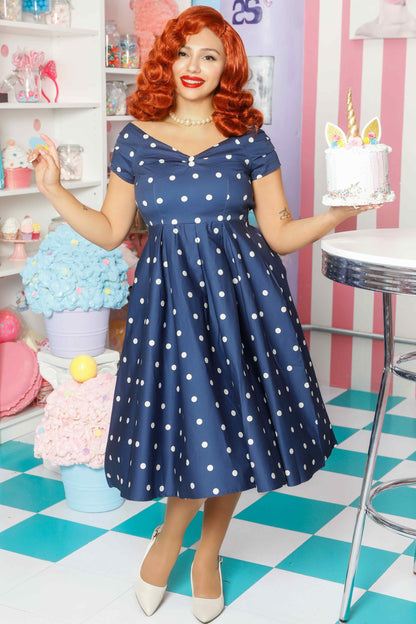 Lily Navy Blue Polka Dot Off Shoulder Circle Dress