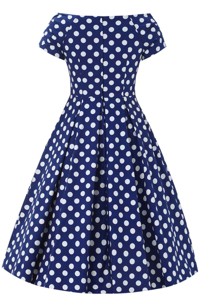 Lily Navy Blue Polka Dot Off Shoulder Dress