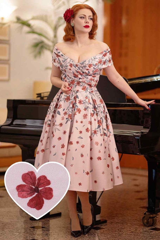 Beverly Pink Falling Flower Off Shoulder Dress