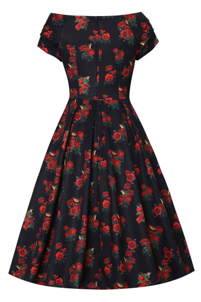 Lily Red Rose & Bird Off Shoulder Dress In Black