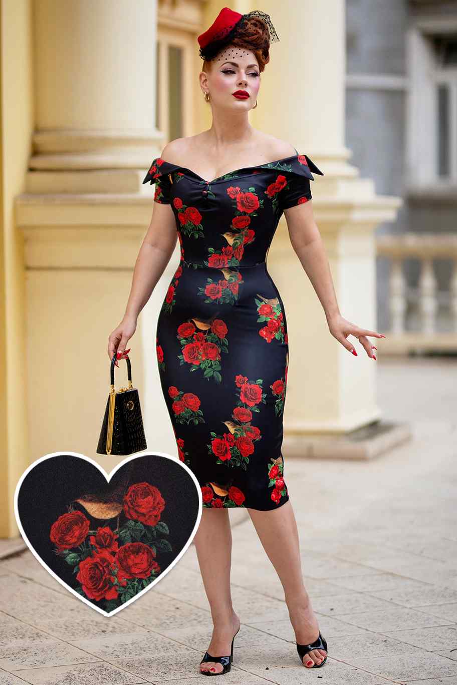 Monroe Black Rose & Bird Pencil Dress