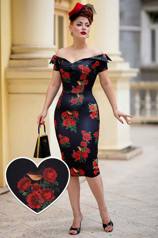Monroe Black Rose & Bird Pencil Dress