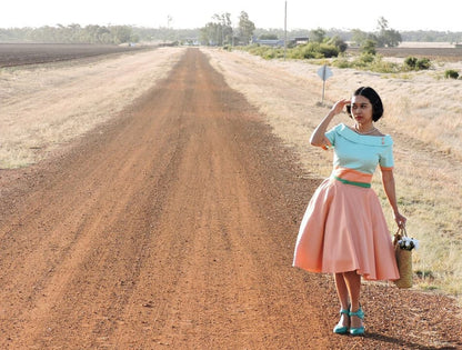 Darlene Retro Full Circle Dress in Mint Green/Coral