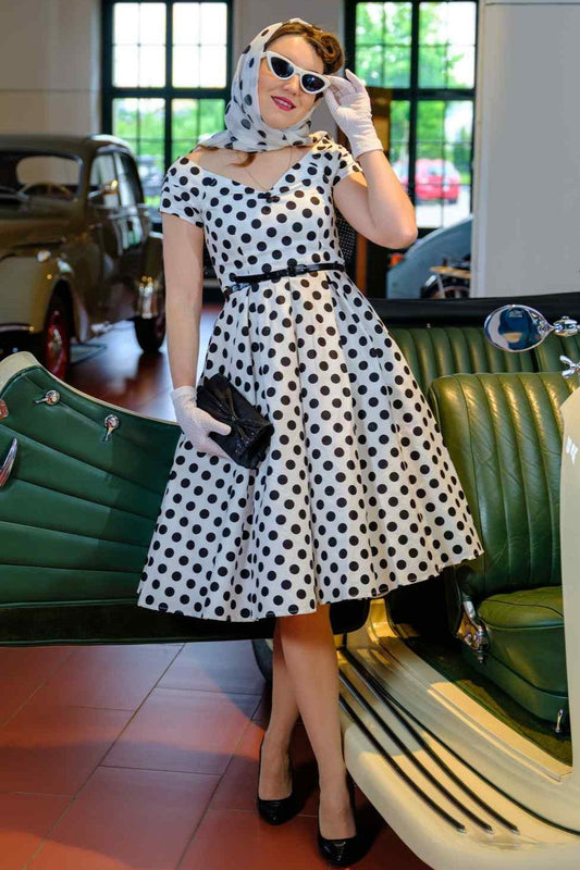 Lily Retro Off Shoulder White Polka Dot Swing Dress