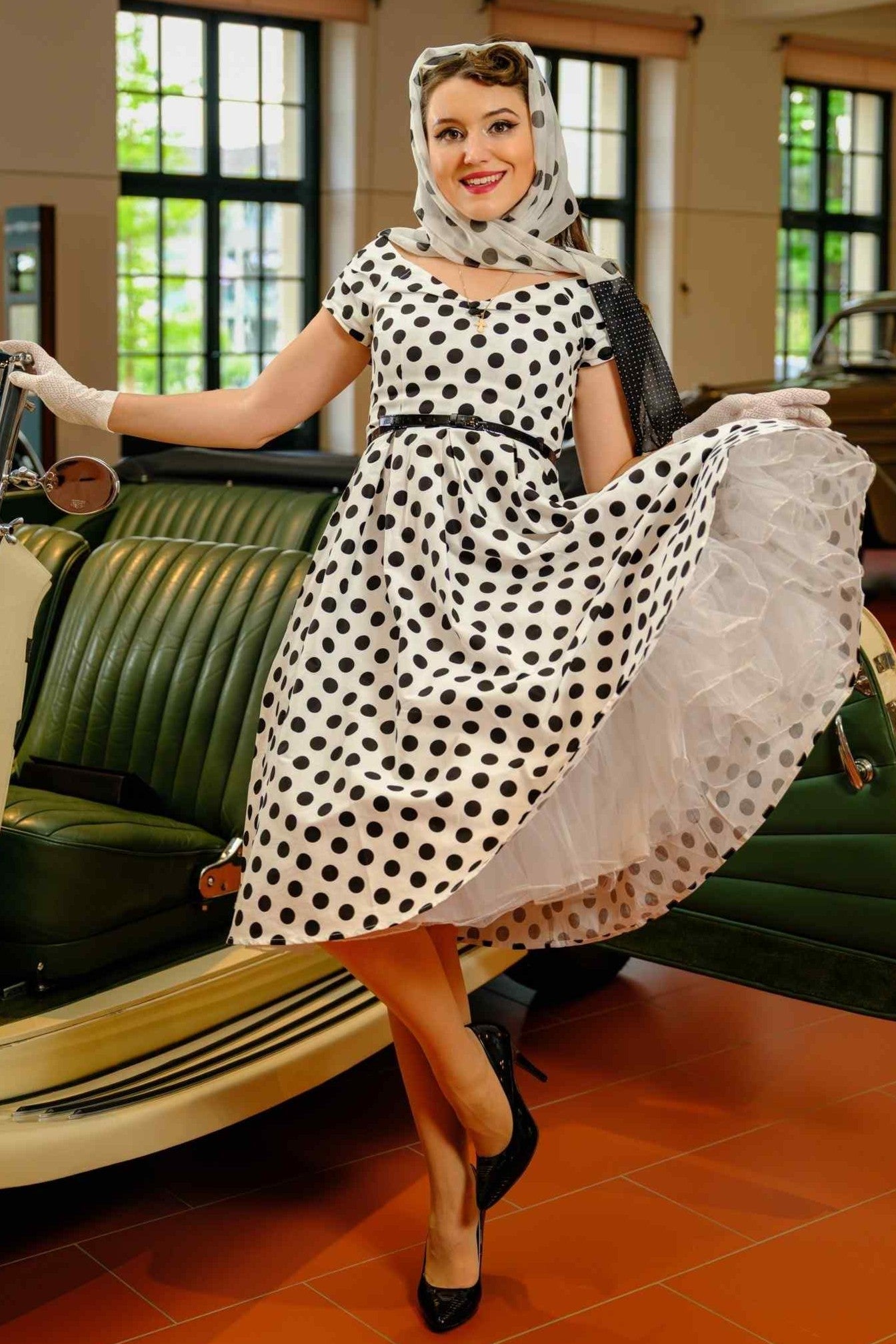 Lily Retro Off Shoulder White Polka Dot Swing Dress