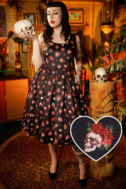 Amanda Rockabilly Skull & Rose Swing Dress