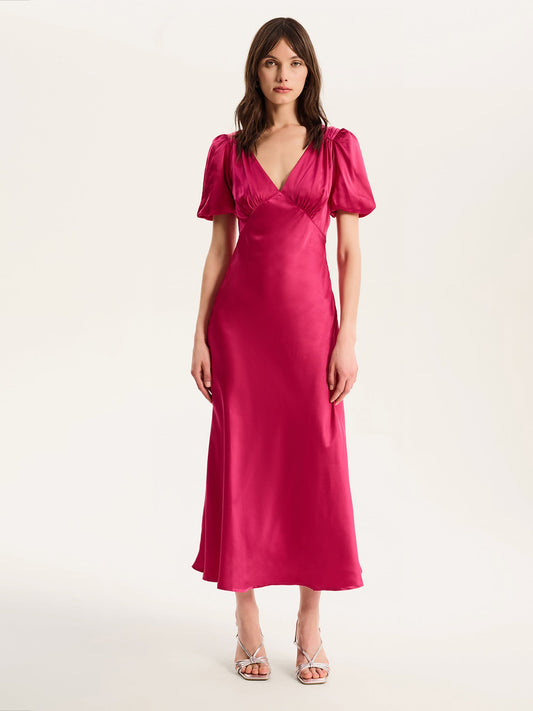 Rosie Ruched Puff Sleeve Dress in Magenta