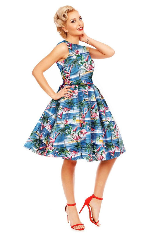 Annie Retro Swing Dress in Blue Flamingo