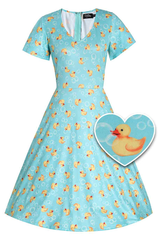 Palma Short Sleeved Tea Dress in Blue Rubber Duck Print
