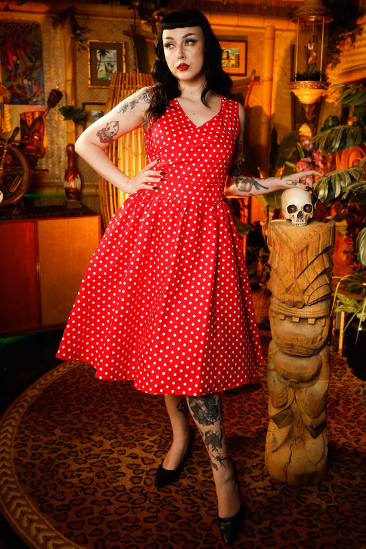 May V-neck 50s Style Swing Dress in Red Polka