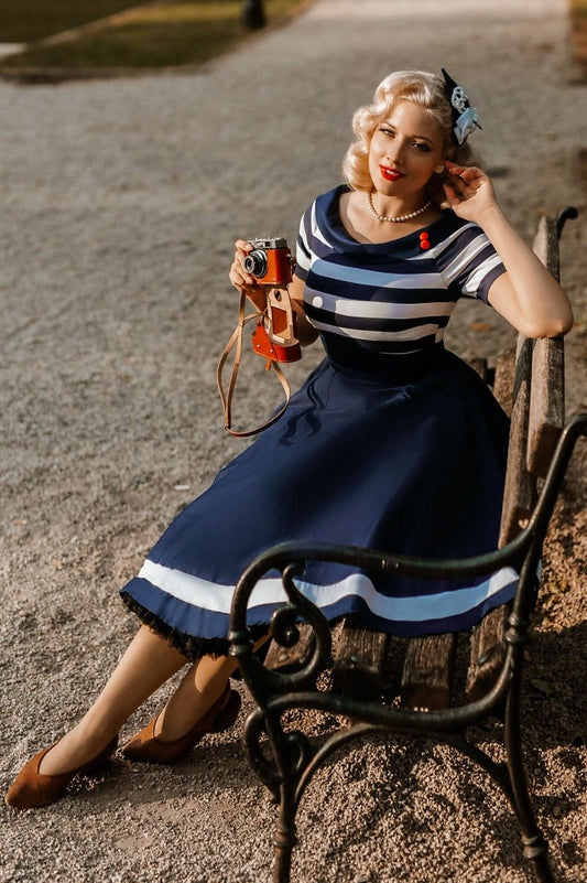 Darlene Nautical Navy & White Striped Swing Dress