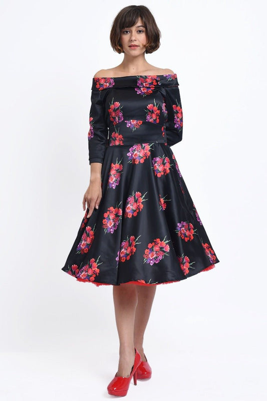 Deborah Long Sleeves Swing Dress in Black with Pink Flowers