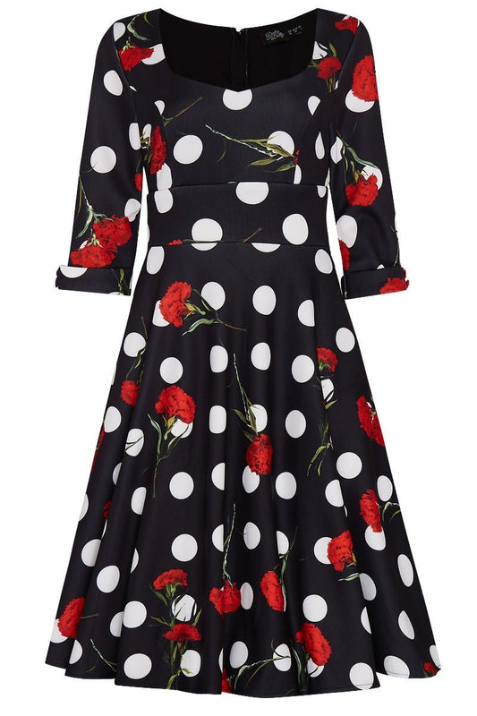 Debra 3-4-Sleeved Stretchy Black Dress Polka Dot & Roses