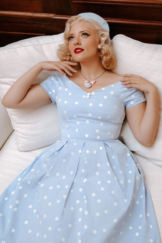 Lily Off-Shoulder Polka Dot Evening Dress in Baby Blue/White