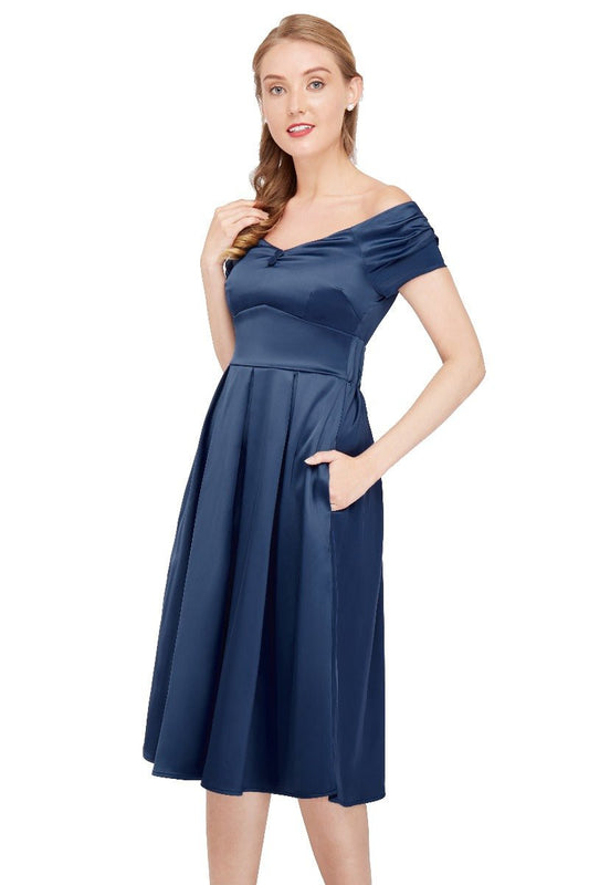 Lily Off Shoulder Prussian Blue Satin Evening Dress