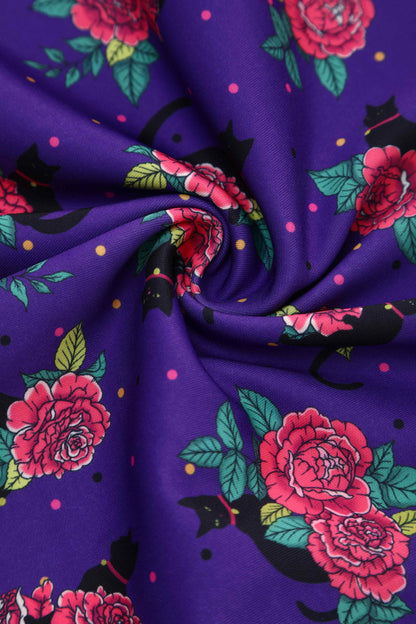 Lily Vintage Cat & Rose Off Shoulder Dress In Purple