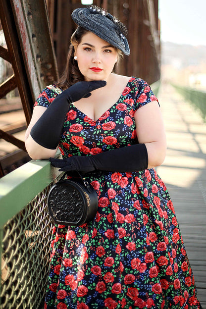 Lily Vintage Red Rose Off Shoulder Dress In Black