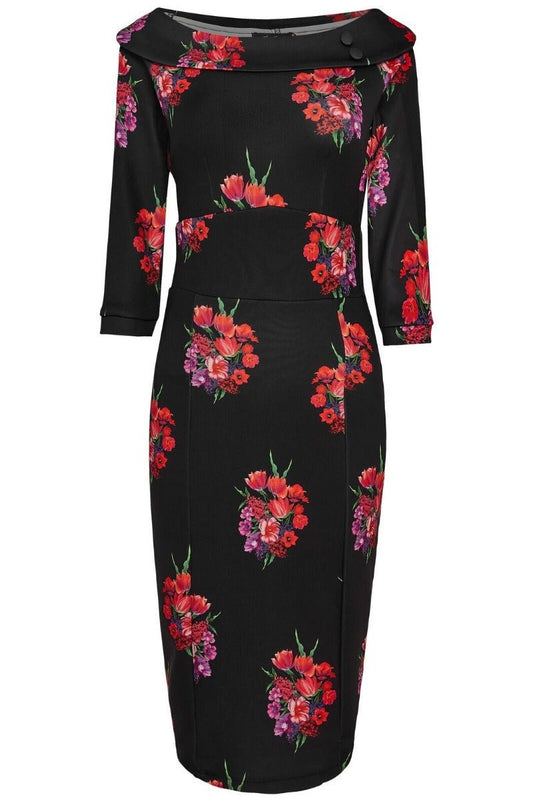 Denise Stretchy Vintage Inspired Wiggle Dress-Red Tulip in Black