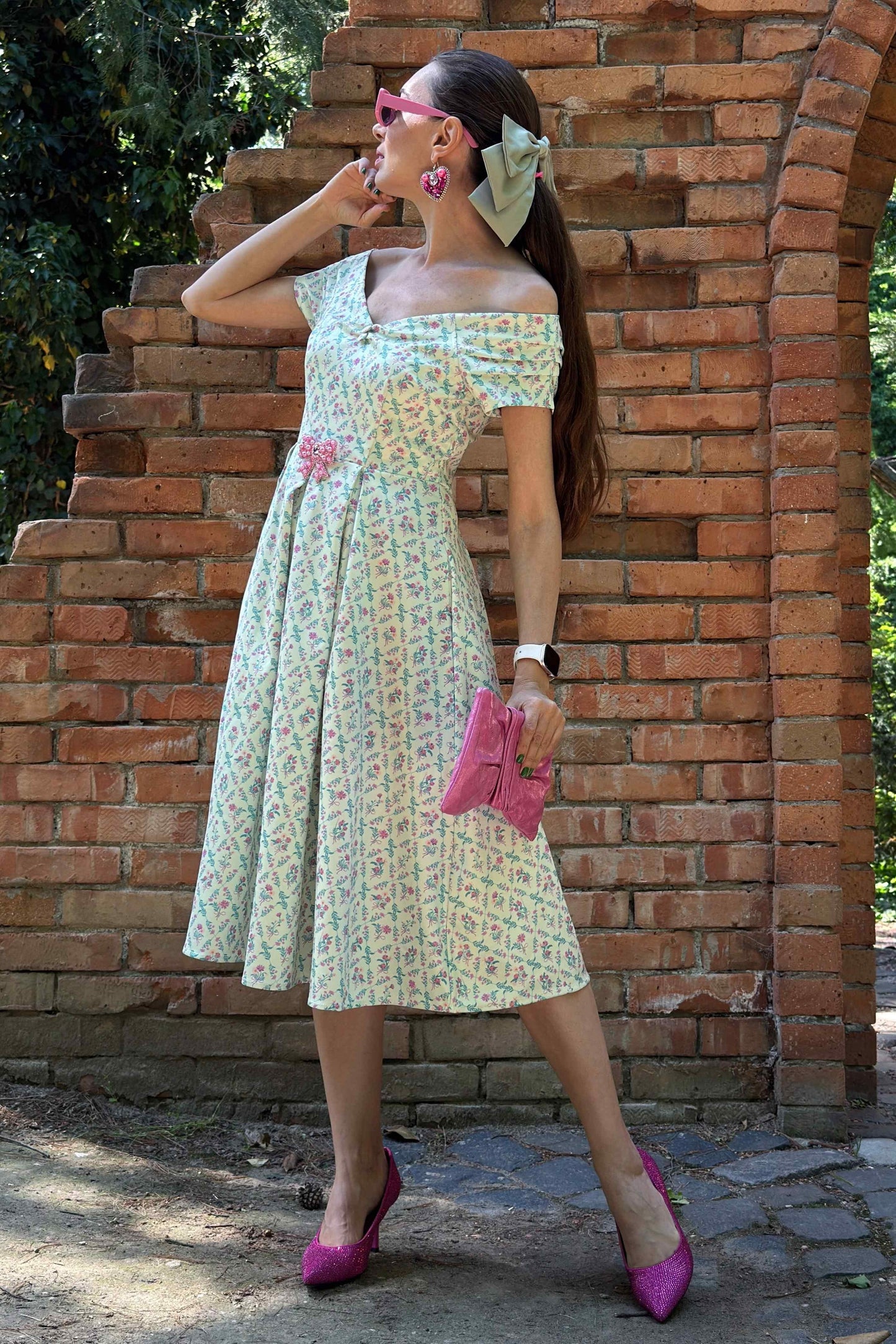 Lily White Floral Tile Off Shoulder Dress