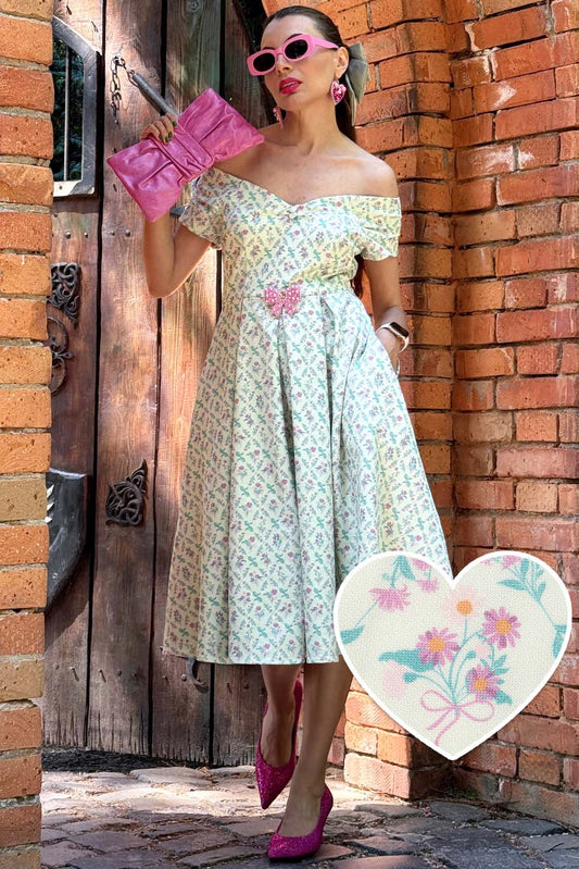 Lily White Floral Tile Off Shoulder Dress