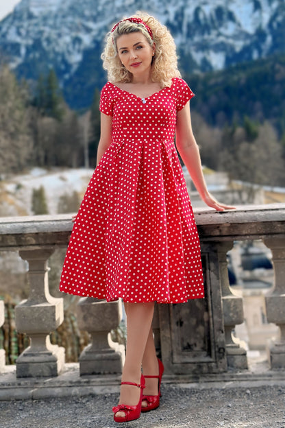 Lily Off-Shoulder 50's Polka Dot Swing Dress in Red/White
