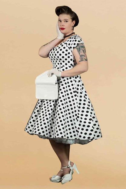 Lily Retro Off Shoulder White Polka Dot Swing Dress